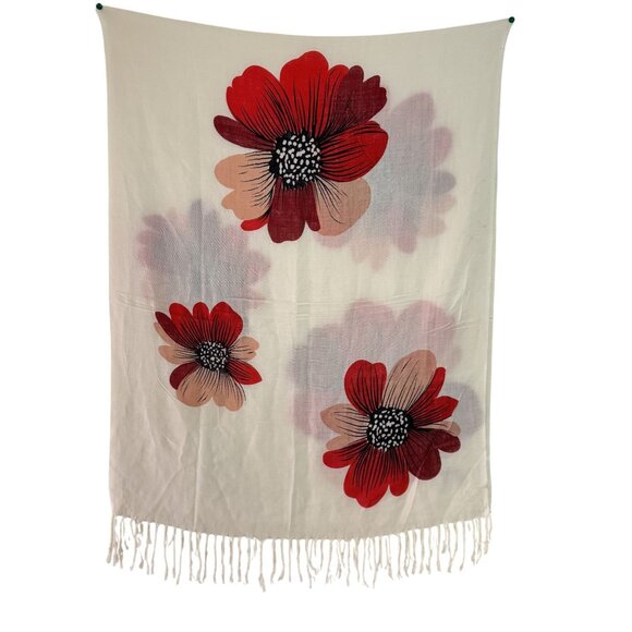Pashmina Accessories - Pashmina Shawl/Scarf 100% Pashmina Wool White Floral Knit Tassle Size 76" x 26"